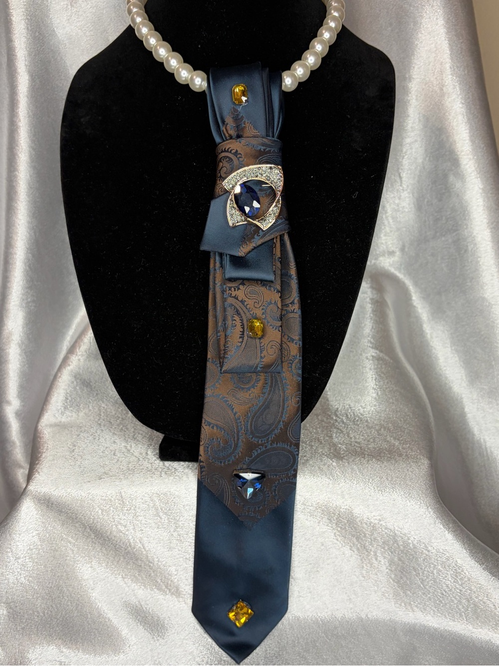 Vintage Slim Embellished Navy & Brown Paisley Silk Tie Necklace